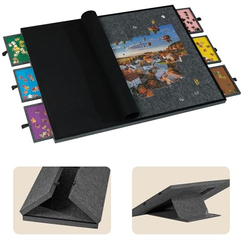 Tektalk Tavolo puzzle pieghevole con coperchio, 3 angoli di inclinazione, in feltro leggero e portatile, con 6 cassetti di classificazione, per fino a 2000 pezzi, grigio scuro