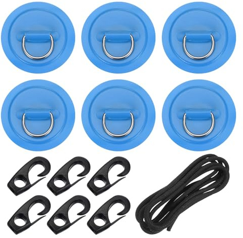 PATIKIL Parche De Anilla D, 6 Pcs Anilla D De Acero Inoxidable Parche De PVC Sin Pegamento Incluye Cuerdas Elásticas De 8.2 Pies Y Ganchos Paddle Board Canoa Tabla De Surf, Azul