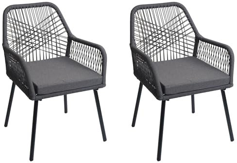 Mendler 2er-Set Gartenstuhl HWC-O12, Outdoor Sitzpolster Aluminium Seilgeflecht Rope - anthrazit, Bezug dunkelgrau