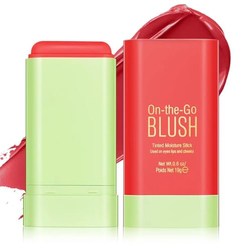 3-in-1 Blush Stick for Cheeks, Lips, and Eyes - Long-Lasting Waterproof Lipstick Blusher Stick, Lightweight Cream Blush for Moisturized and Blendable Cheeks Makeup - Hot Red for Women and Girls
