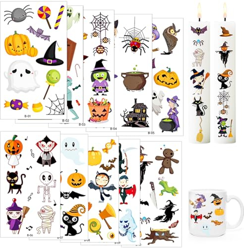 10 PCS Kerzentattoo,6.8x12cm Wassertransferdruck, DIY asserschiebefolie Kerzen,wasserschiebefolie kerzen,Kerzenfolie,kerzenaufkleber sticker,Halloween kerzen dekorieren (Halloween)