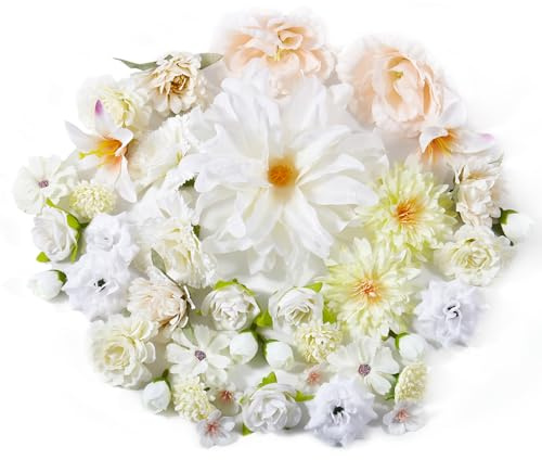 Prelisee 42 STK Weiße Kunstblumen Blumenköpfe Wie Echt Künstliche Blumenköpfe Kunst Blumen Köpfe zum Basteln mit 13 Stile Mix Fake Blumen Seidenblumen Streublumen Deko für Torten,Hochzeit,Geburtstag
