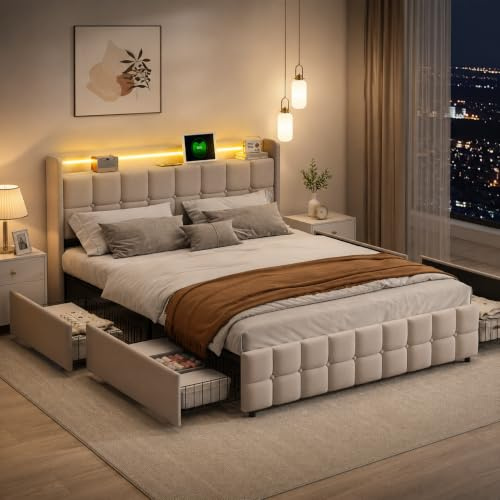 BLSYHDH Bett mit Bettkasten, 180 x 200 cm, mit LED, gepolstertes Bett mit 4 Schubladen, doppeltes USB-Ladeanschluss, für Nachttisch, gepolstert, mit Bettkasten, Doppelbett, LED (Beige + Leinen, 180 x