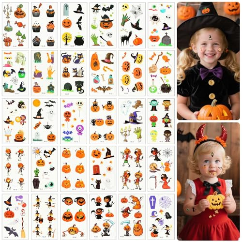 Alaoo 30 Blatt Halloween Sticker Aufkleber für Kinder, Halloween Tattoos, A | Kürbis Hexe Fledermaus Kindertattoos Aufkleber Gesicht für Deko Kinderparty Mitgebsel,Halloween Kinder Kostüme Zubehör