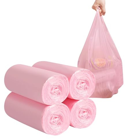 4 rollos de bolsas de basura pequeñas – 120 bolsas de basura resistentes de 12 – 15 litros para el hogar, oficina, cocina, baño y habitación infantil (rosa)