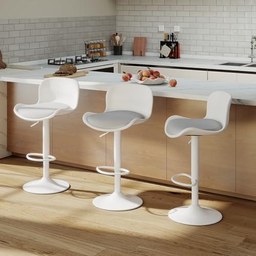 Flysky Barhocker 3er Set, verstellbar, Rückenlehne, PU-Leder, Weiß/Grau | Moderner Design mit Fußstütze, als Küchenstuhl & Bar Stool für Esszimmer, Kücheninsel und Pub