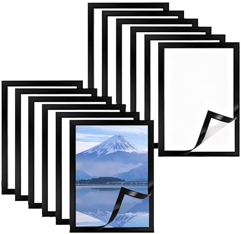 12 Pack A4 Magnetic Photo Frames, Self Adhesive Magnetic Picture A4 Frame Waterproof Transparent Display Holders for Photos, Posters, Ads, Certificates, Durable PVC A4 Magnetic Frame (Black)