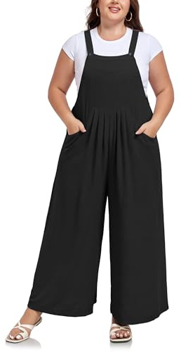 Moon Wood Women's Dungarees Plus Size Adjustable Overalls Casual Summer Palazzo Trousers Loose fit Wide Leg Jumpsuits with Pockets Black XL