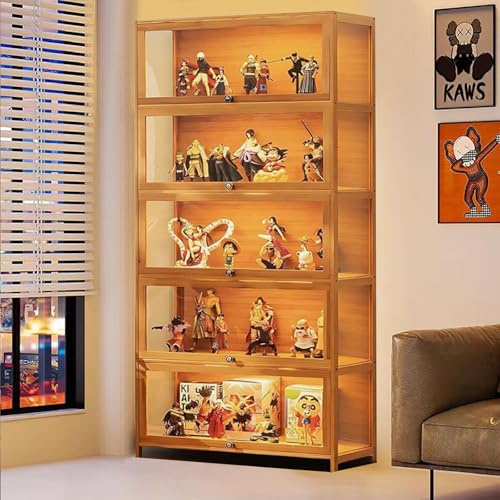 Scribora Standvitrine mit Acrylglas, 5 Böden Glas Vitrinenschrank, Dreiseitiger Transparenter Geschirrschrank, Bücherschrank mit Türen, für Wohnzimmer,Schlafzimmer,Büro (braune Klappe)