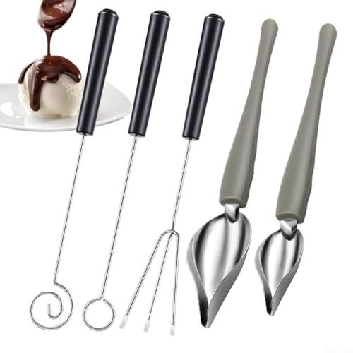 Gettimore Lot de 3 fourchettes de découpe pour chocolat et cuillères de décoration culinaire avec tourbillon rond, 3 dents et spirale, 2 cuillères à sauce en acier inoxydable