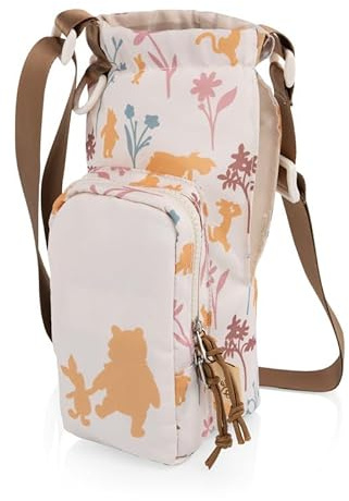 ONIVA PICNIC TIME Disney Winnie the Pooh Eclipse 40 oz Tumbler Tote, Tumbler Carrier Crossbody Bag Strap, Water Bottle Holder with Accessory Pocket for 40 oz Tumblers, (Beige with Floral Silhouettes)