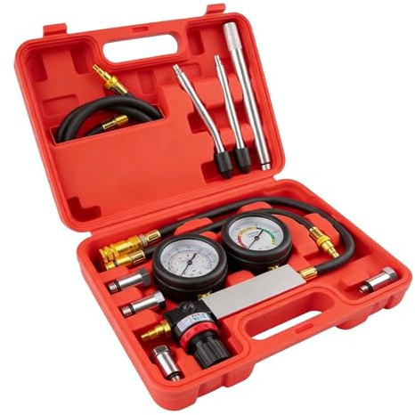 Cylinderläckagetestare bilkit, kompressionstestare set, tryckförlust läckastestare, läckagekontroll, dubbelmanometer, cylindertryck mätutrustning för trycktest och läckagefrekvenstest, röd