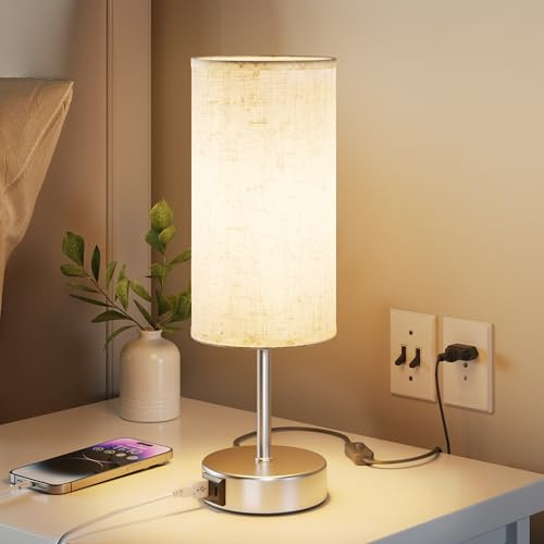 UPXNBOR Touch nattdukslampa med USB-A- och USB-C-laddningsportar, liten skrivbordslampa och läslampa, touchdimbar, 3 nivåer varmt ljus, lampskärm i linne, 1,5 m kabel, Silver, E27-lampa ingår