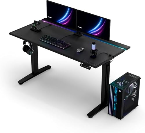 Ultradesk - Escritorio para Gaming Negro - Escritorio Regulable en Altura 140x70 - Escritorio para Ordenador con Iluminación de Acero, con Compartimento para Cables, Mesa para PC Vortex