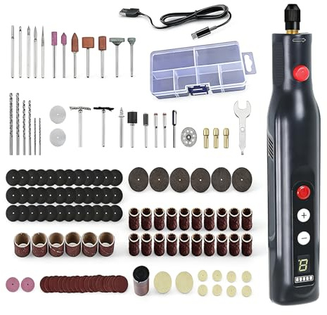 Herramienta Multifuncional, Mini Amoladora Eléctrica Inalámbrica de Herramienta Rotativa con 155 Accesorios Mini Máquina de Grabado con 5 Velocidades y Luz LED para Taladrar Grabar Pulir Esmerilar