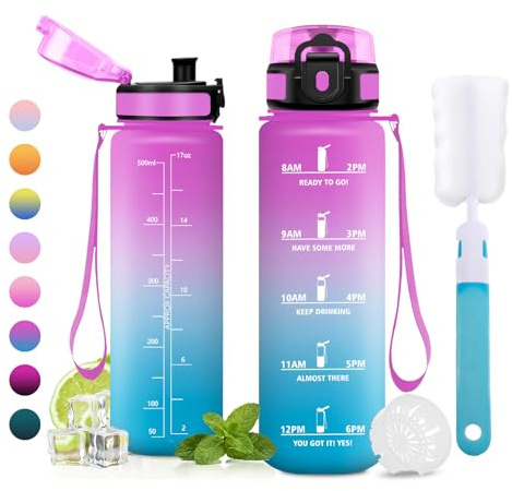 JAPORIA Trinkflasche 500ml, Trinkflasche Kohlensäure Geeignet, BPA-frei, Wasserflasche mit Filter und Zeitmarkierung, Sportflasche für Schule, Sport, Junge, Water Bottle