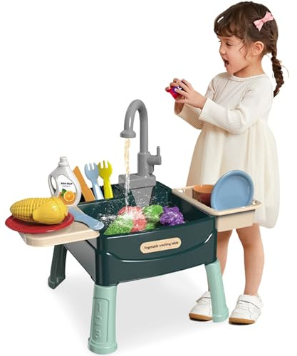 Ensembles de jeux de cuisine, évier jeu avec eau courante pour enfants 3 ans et plus, 23 pièces/ensemble d'évier en plastique sûr avec coupe fruits et légumes robinet travail, jouets d