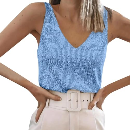 Glitzer Oberteile Damen Pailletten Tanktops Party Disco Weste Ärmelloses Top V-Ausschnitt Abend Glitzertop Spaghettiträger Blusen Mit Schimmernden