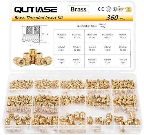 QUTIASE 360 Stück Gewindeeinsatz 3D Druck M2 M2,5 M3 M4 M5 M6, Messing Einschmelzmuttern Set, Gerändelte Einpressmuttern, Einschmelzgewinde/Gewindebuchsen für Kunststoff