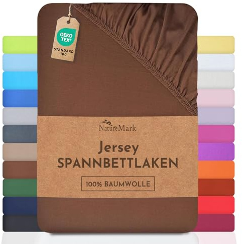 NatureMark Jersey Spannbettlaken, Spannbetttuch 100% Baumwolle in vielen Größen und Farben MARKENQUALITÄT ÖKOTEX Standard 100 | 140 x 200 cm - 160 x 200 cm - Schoko braun