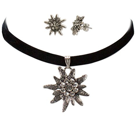 Schmuckset Trachtenkette Samt & Edelweiß-Ohrstecker - Damen Samt-Kropfband und Ohrringe, Kropfkette elastisch, Trachtenohrringe für Trachtenbluse, Dirndlkette enganliegend, Oktoberfest (schwarz)