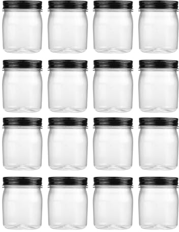 Novelinks 8 Ounce Clear Plastic Jars With Black Lids - Refillable Round Containers for Kitchen & Household Storage - BPA Free (16 Pack) | 16 Pack, Black, Plastic Containers with Lids, Small Mason Jars, Clear Jars Bulk, Spice Jars, Slime Jars, Mini Jars
