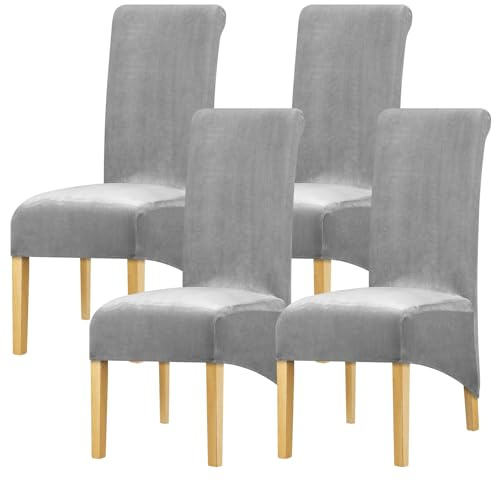 Leorate Velvet Dining Chair Covers: Thick High Back Velvet Chair Slipcovers Stretch Fabrics Cover For Large Chair Washable Removable Chair Cover For Home Decor (Pack of 4, Grey)