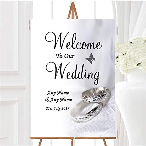 Classy White and Silver Rings Personalised Any Wording Welcome Wedding Sign