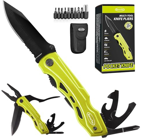 RoverTac 15-in-1 Multitool Taschenmesser - Klappmesser mit Zange, Flaschen- & Dosenöffner, Kreuzschlitz-Schraubendreher + 9 Bits - EDC Werkzeug für Camping, Wandern & DIY - Geschenk für Männer & Papa