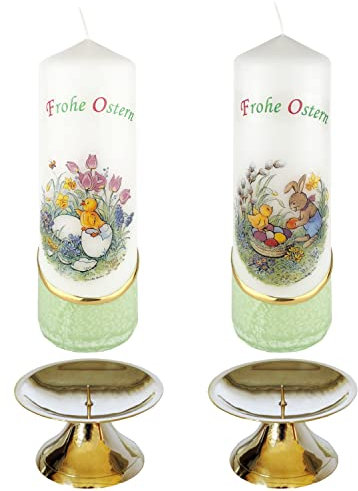 AUSWAHL * 2 Stück Osterkerze Stumpenkerze Osterdeko * 6 x 18 cm * inkl. 2 Kerzenständer aus Messing * mit farbigen Wachs- und Bildauflagen * AUSWAHL Motiv + Farbe * grün * (Serie 2 - Set 07/-2)