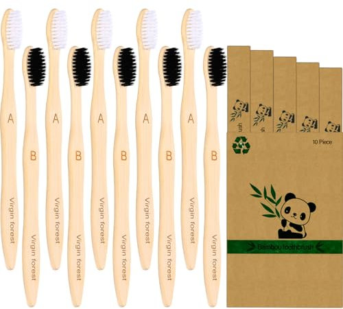 Bamboo Toothbrushes, 10 Pcs Eco Friendly Biodegradable Toothbrush with Soft Bristles 5 Black & 5 White