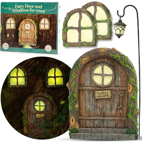Feentür und Fenster für Bäume - leuchtet im Dunkeln Hofkunst-Skulptur Dekoration für Kinderzimmer, Wand und Bäume im Freien | Miniatur-Feengarten Outdoor Decor Zubehör mit Bonus Feenlaterne