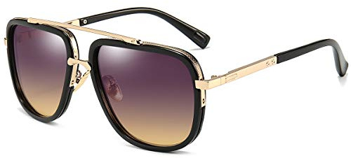 Dollger Gafas de sol cuadradas de gran tamaño para hombres y mujeres, gafas de piloto con montura dorada, gafas retro(Marco negro degradado gris-marrón