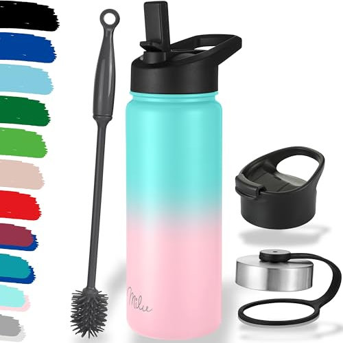 Milu Edelstahl Trinkflasche 500ml, 750ml, 1L (+3 Deckel) Thermosflasche mit Strohhalm, Isolierte Wasserflasche, Auslaufsichere Isolierflasche doppelwandig, Kohlensäure geeignet (Mint Rosa, 0,5 ml)