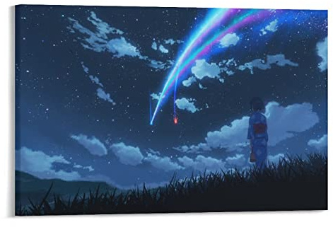 Póster de dibujos animados con texto en inglés ''Your Name'' Kimi No Na Wa Anime Cartoon Posters Starry Night Canvas Poster Wall Art Prints Decoración de fotos para colgar pósteres del hogar, obras de