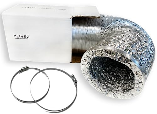 Tubo de Aluminio flexible diametro 200mm y 5 metros + 2 Abrazaderas 200mm acero inoxidable (extraccion de cocinas, W.C.) resistencia al calor de hasta 130º fabricado en doble capa