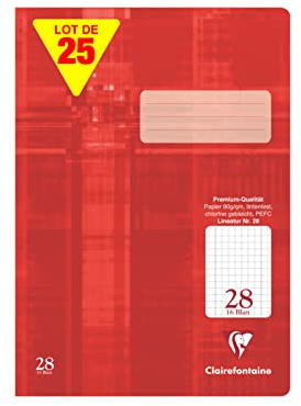 Clairefontaine 331028C - Packung mit 25 Heften, DIN A4, 16 Blatt, 90g, Lineatur 28 durchgehend kariert 5x5mm mit Rand, ideal für die Schule, Rot, 1 Pack