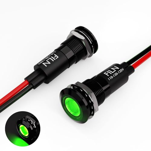 FILN 2PCS 12mm (1/2) Green LED indicator Light Waterproof Metal Signal Lamp 110V 120V 125V IP67 Pilot Dash Head for Equipment Light (110v-black shell Green 2PCS)