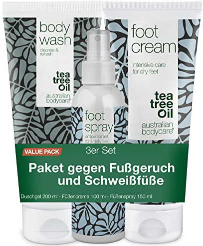 Kit per la cura dei piedi con olio di albero del tè: Body Wash, Crema e Spray - Rilievo lenitivo per atleti, corridori e chiunque ne abbia bisogno - Formula antifungina e idratante