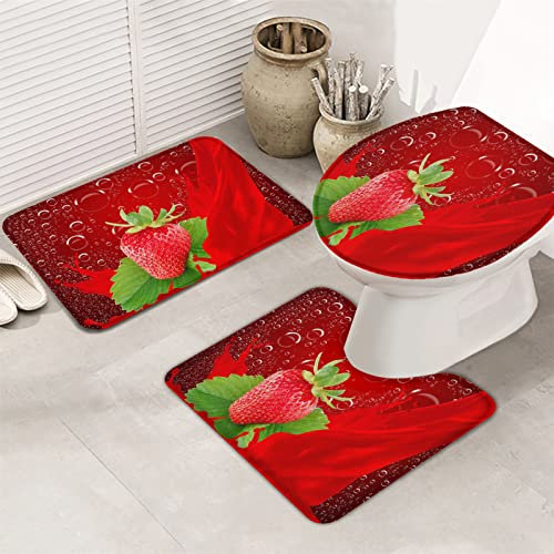 3 Teiliges Badteppich Set Frucht-Erdbeer-Wassertropfen-Blase Auf Dem Roten Hintergrund Dekorative Kontur Badteppich Anti-Rutsch Wc-Deckelbezug Badematte