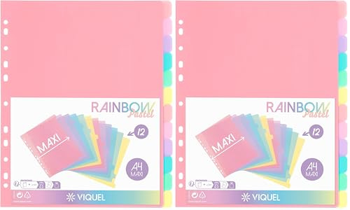 Viquel - 12 Stück Register Rainbow Pastell - Maxi Format (24,5 x 30,5 cm) - für A4 Maxi-Ordner oder Aktenordner - Pastellfarben (Packung mit 2)
