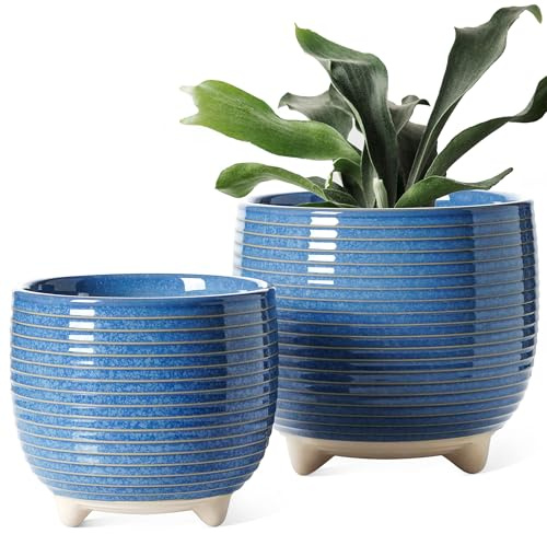 LE TAUCI Pack de 2 Macetas de Cerámica con Pies, Juego de Macetas Pequeñas de 12+16 Cm de Diámetro, Macetas Decorativas Interior con Orificio de Drenaje, Esmalte Reactivo Azul
