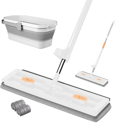 Ensembles Balai-Serpillière et Seau, Grand Balai Plat Nouveau Style, avec Serpillere Microfibre pour Sol, Balai Serpillere avec Essorage (Blanc)