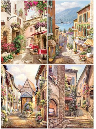 SHEGZHUC Set mit 4 Diamantbildern 40x50 cm 5D - Diamantmalerei mit roten Blumen, Tischstühlen und Landschaften am Meer - Galerie