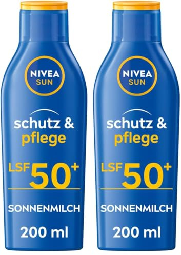 NIVEA SUN Schutz & Pflege Sonnenmilch LSF 50+ (200 ml), Sonnencreme für 48h Feuchtigkeit, sofortiger Sonnenschutz mit hochwirksamem UVA/UVB-Filtersystem (Packung mit 2)