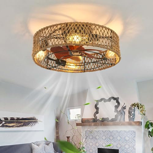 Dfiacn Retro Fan Light Ceiling with Remote Control Creative Smart Ceiling Fan with Light Reversible 6 Speed Silent Ceiling Fans with Lamps Timing Bedroom Kitchen Living Room Φ 48cm-B