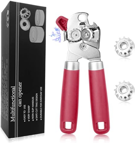 Can Opener Manual, Heavy Duty Stainless Steel Can Opener with Magnet, Smooth Edge with Sharp Blade Tin Opener Kitchen Gadgets Two Replacement Blades