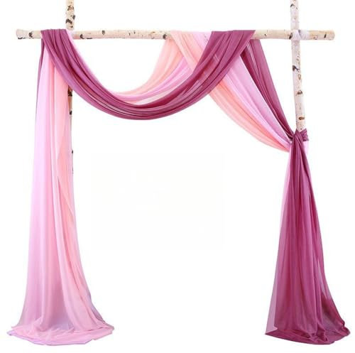 Mateju 3 Paneele Hochzeit Vorhang Hochzeitsbogen Tüll Querbehang Chiffon Stoff Freihanddekofür Himmelbett Gardinen Torbogen Zeremonie Fotografie Party Deko (Pink Lila,75x600cm)