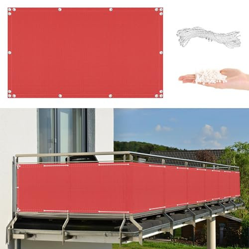 AYLFBFU Balkon Sichtschutz 145x750cm Windschutz Sonnenschutz und Wetterfest, Balkonverkleidung für Balkongeländer Garten, inkl. Nylonkordel Befestigungsmaterial, Rot