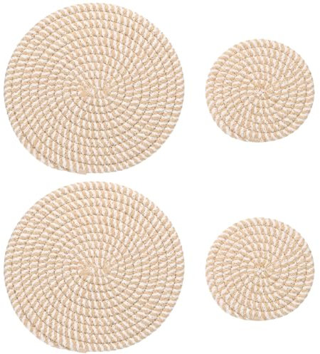 PATIKIL Plant Coasters 4 Inch 7 Inch, 4 Pcs Woven Plant Mat Round Pads Set for House Indoor Outdoor Gardening Pot Kitchen Table, Yellow Stripes